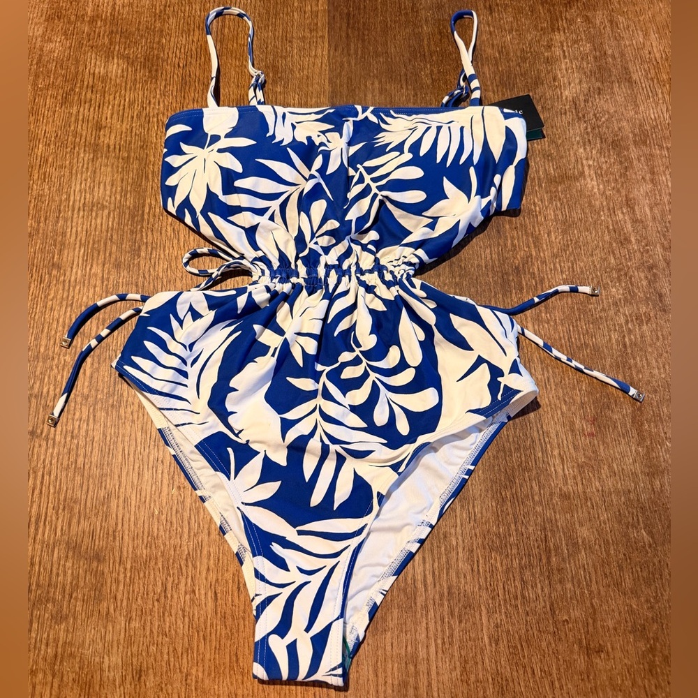 kate spade Blue & White Tropical Leaf One-Piece Swimsuit with Cinch Sides